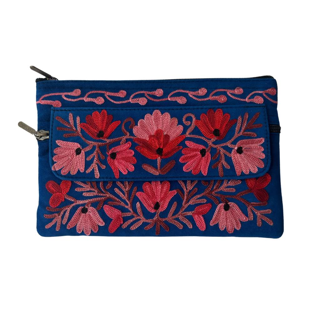 luxe suède leren clutch blauw bloemenpatroon