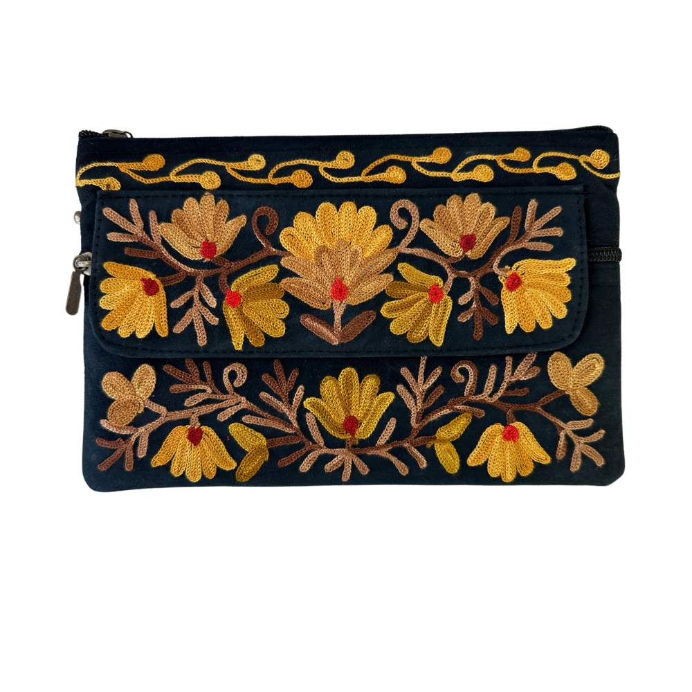 donkerblauw leren clutch oranje bloemenpatroon