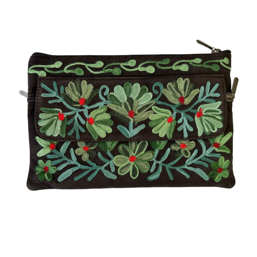 donkerbruin leren clutch meerkleurig bloemenpatroon