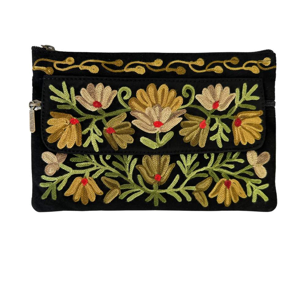 zwart leren clutch groen bloemenpatroon