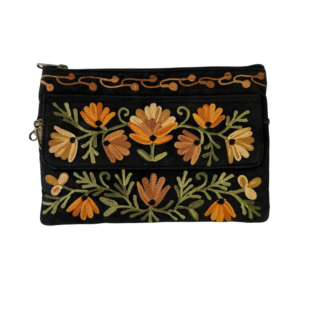 zwart leren clutch oranje bloemenpatroon